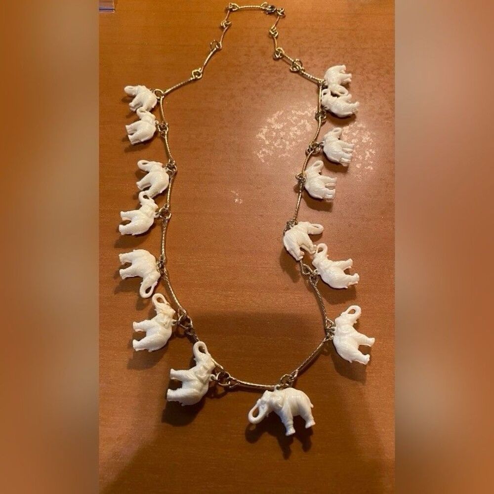 Women’s Necklace Gold Tone White Elephants 32” Luck